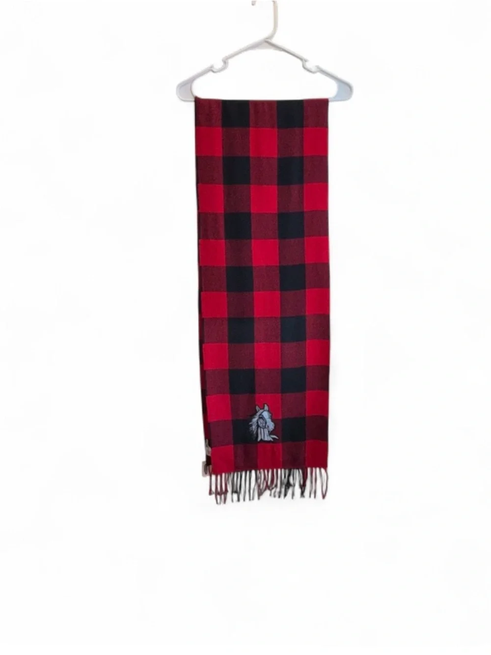 Old Navy Red and Black Plaid Wool-Blend Fringe Scarf